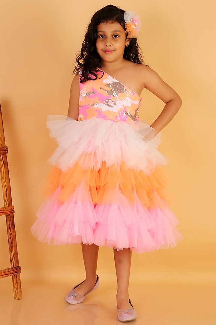 Multi-Colored Net Flare Dress For Girls by Teeni's Kidswear