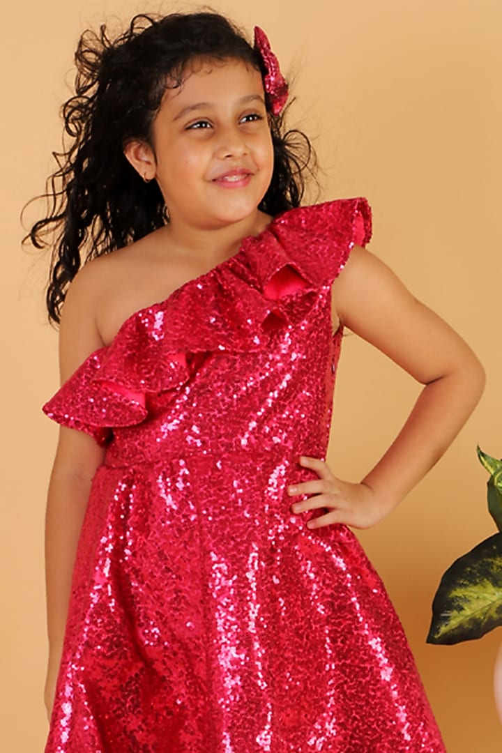 Hot Pink Net Flare Dress For Girls by Teeni's Kidswear at Pernia's Pop Up Shop