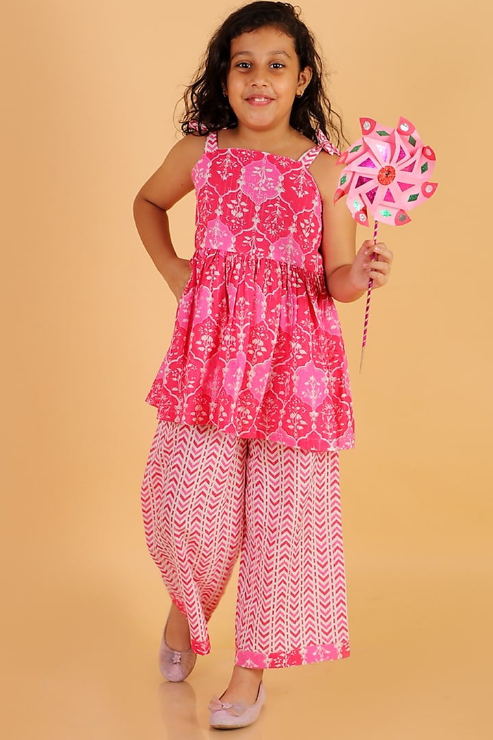 Pink & White Soft Cotton Striped Sharara Set For Girls by Teeni's Kidswear