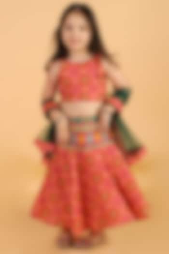 Red Cotton Printed Lehenga Set For Girls by Teeni's Kidswear
