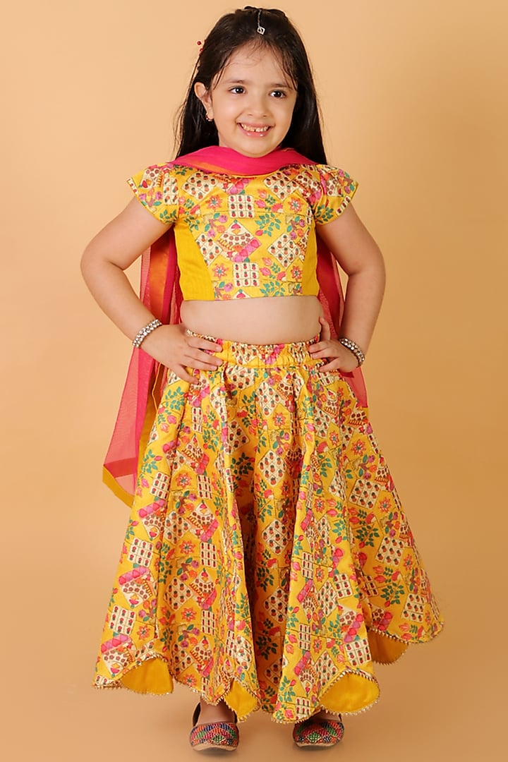 Yellow Silk Printed Lehenga Set For Girls by Teeni's Kidswear