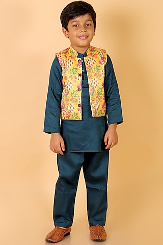 Yellow Silk Printed Nehru Jacket Set For Boys by Teeni's Kidswear