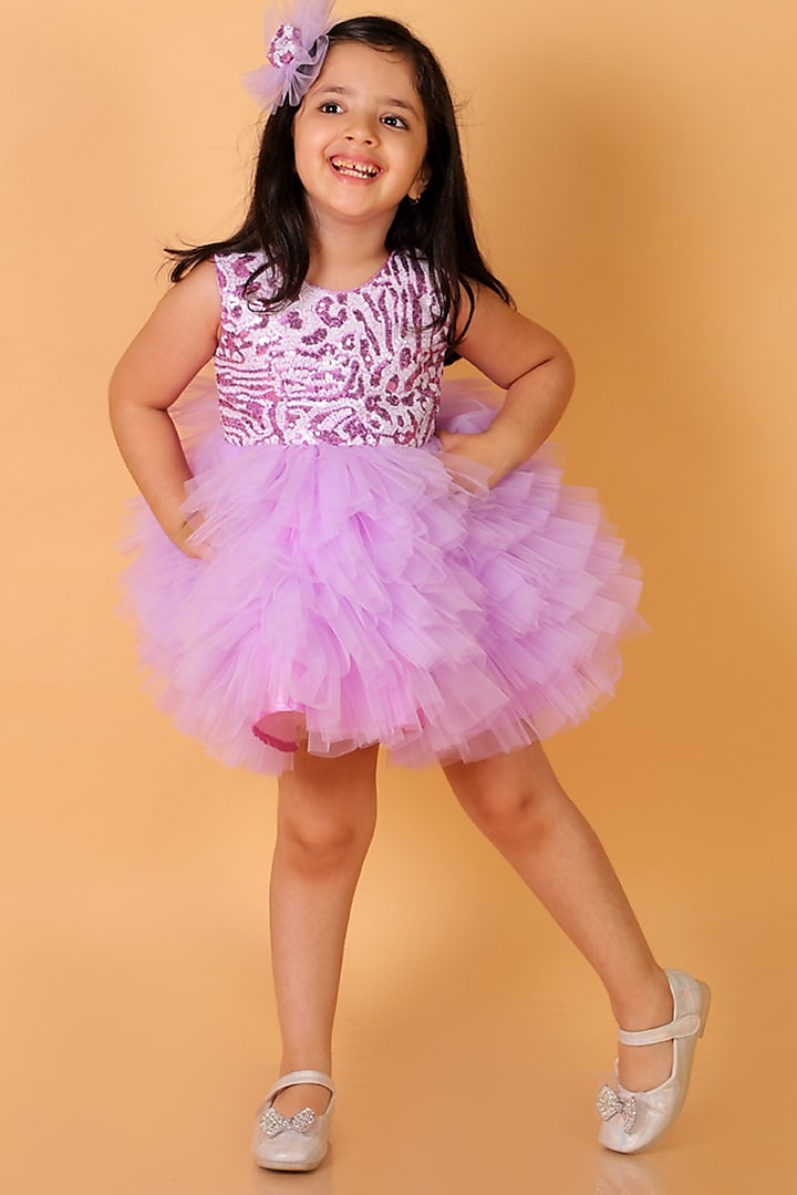 Lilac Net Flared Dress For Girls by Teeni's Kidswear