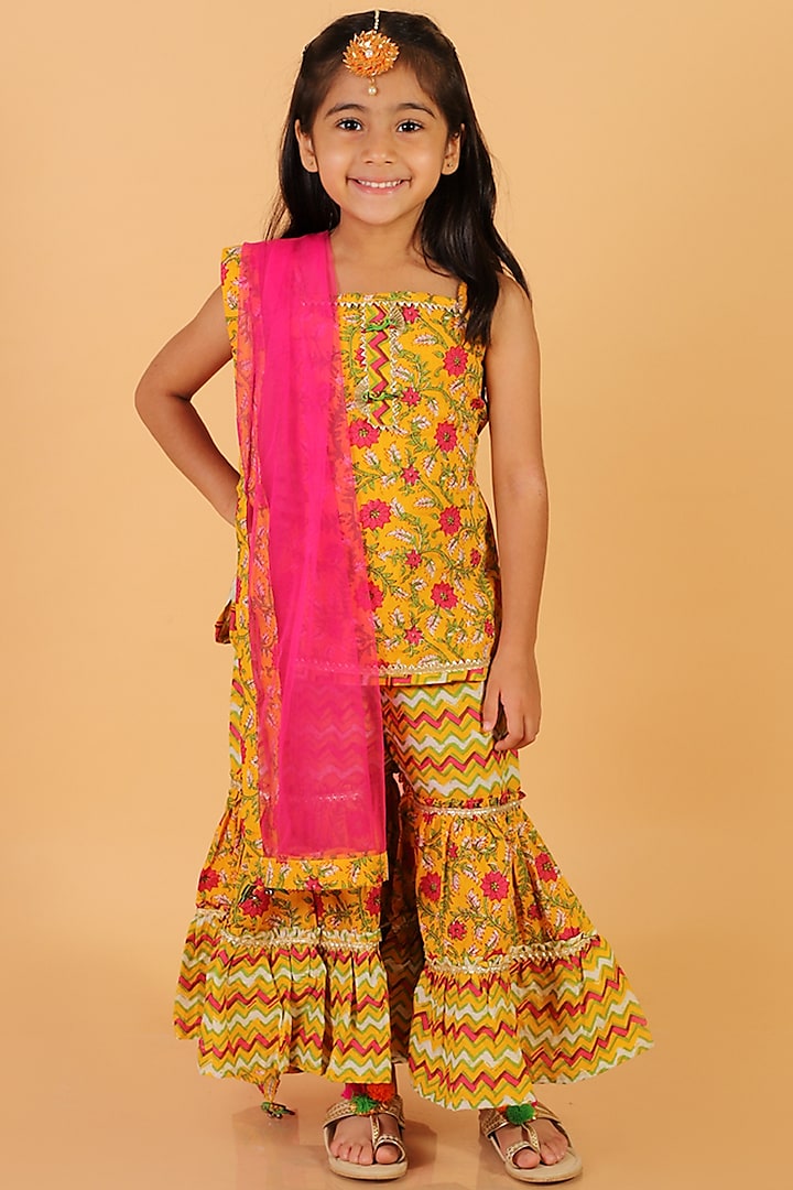 Yellow Cotton Printed Paneled Sharara Set For Girls by Teeni's Kidswear