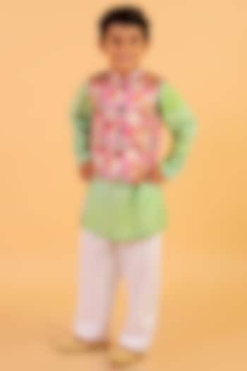 Lilac Silk Printed Nehru Jacket Set For Boys by Teeni's Kidswear