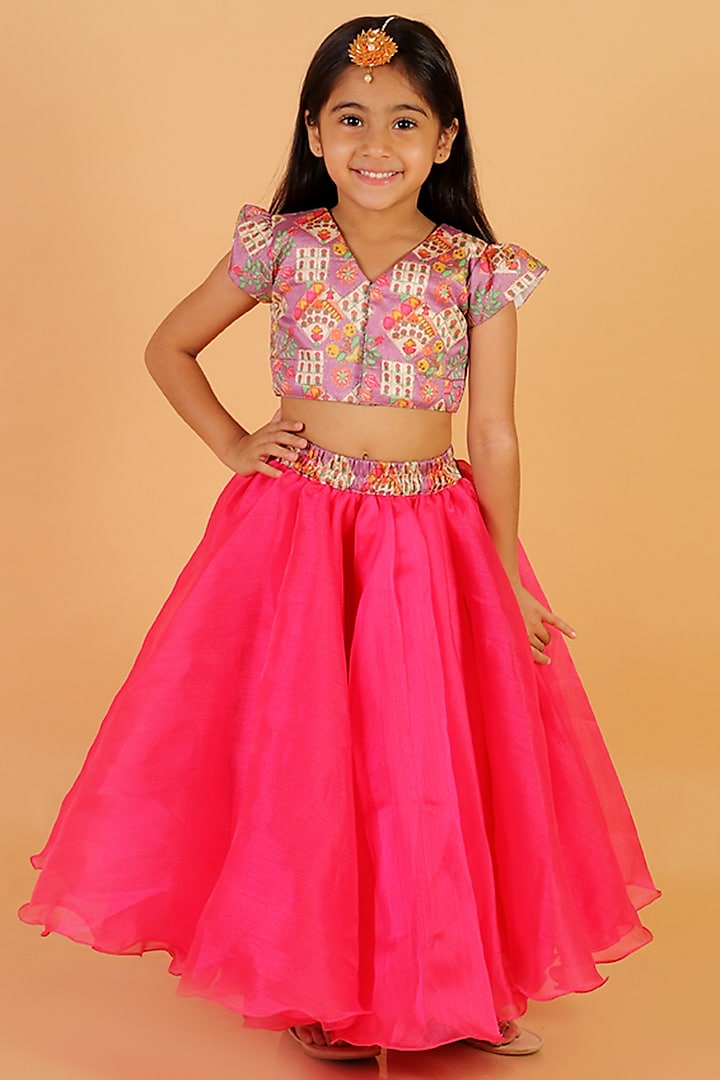 Hot Pink Organza Lehenga Set For Girls by Teeni's Kidswear