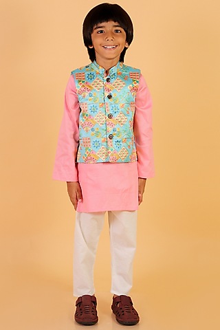 Green Silk Printed Nehru Jacket Set For Boys by Teeni's Kidswear