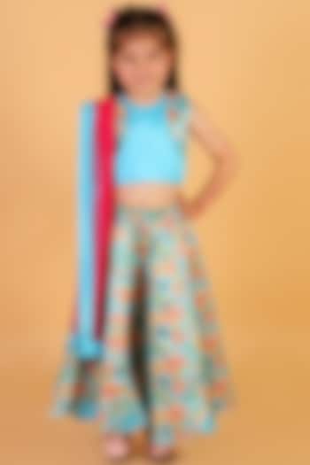 Green Silk Printed Lehenga Set For Girls by Teeni's Kidswear