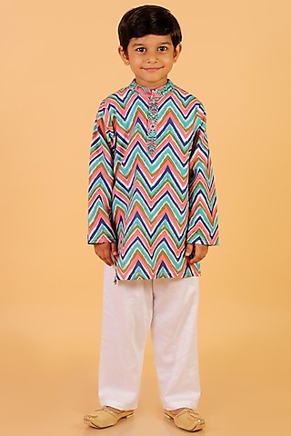 Multi-Colored Cotton Printed Kurta Set For Boys by Teeni's Kidswear