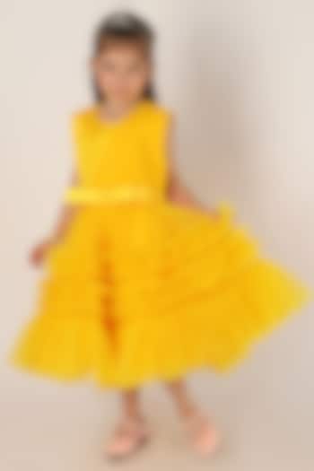Yellow Net Flared Dress For Girls by Teeni's Kidswear