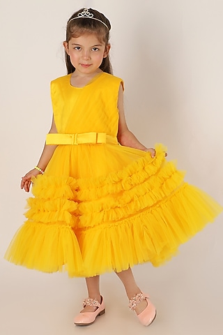 Yellow Net Flared Dress For Girls by Teeni's Kidswear