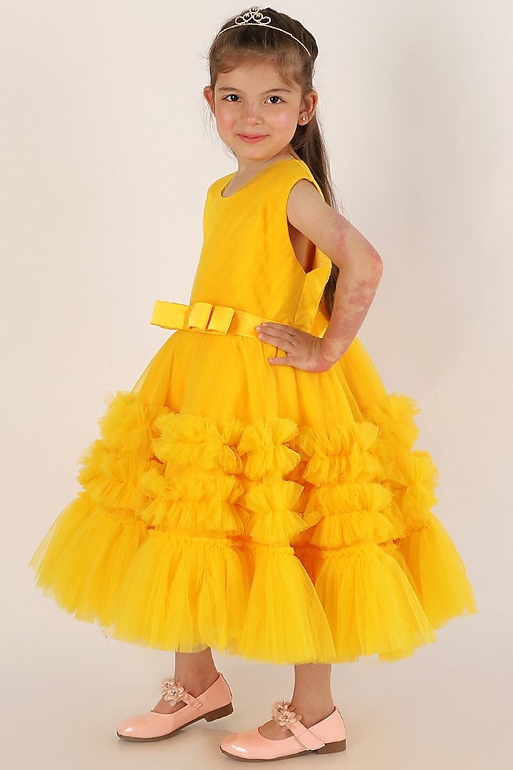 Yellow Net Flared Dress For Girls by Teeni's Kidswear at Pernia's Pop Up Shop