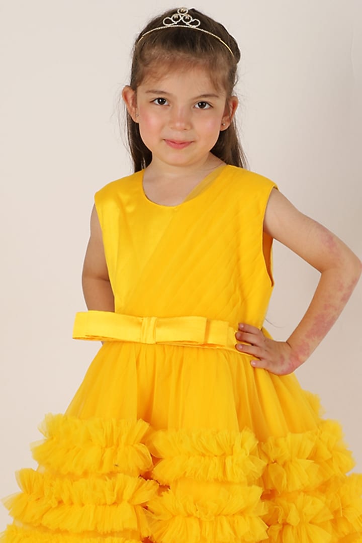 Yellow Net Flared Dress For Girls by Teeni's Kidswear at Pernia's Pop Up Shop
