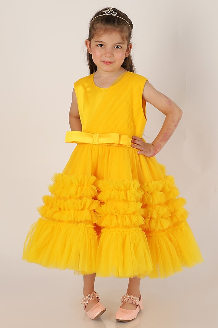 Yellow Net Flared Dress For Girls by Teeni's Kidswear at Pernia's Pop Up Shop