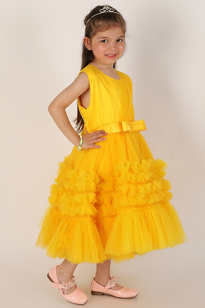 Yellow Net Flared Dress For Girls by Teeni's Kidswear at Pernia's Pop Up Shop