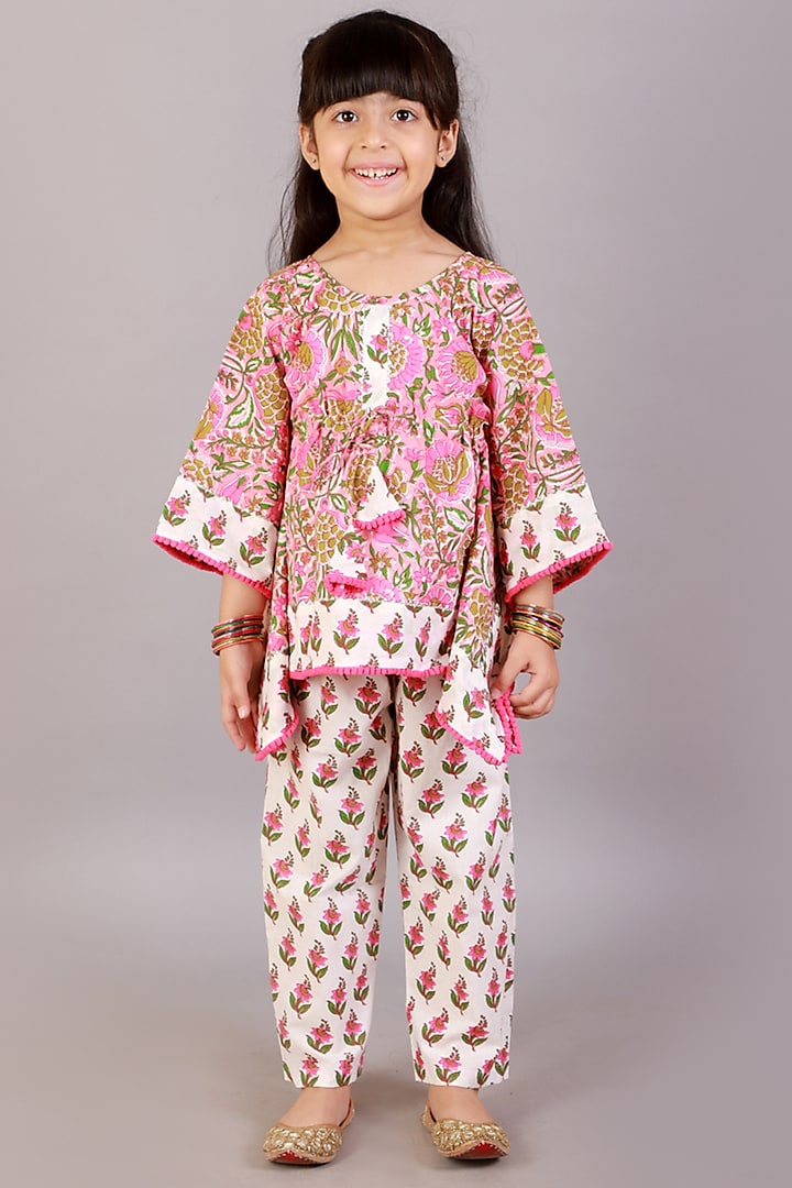 Pink Cotton Printed Kaftan Set For Girls by Teeni's Kidswear