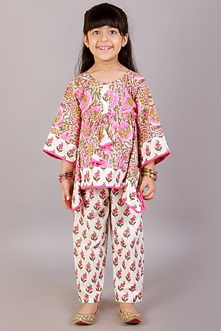 Pink Cotton Printed Kaftan Set For Girls by Teeni's Kidswear