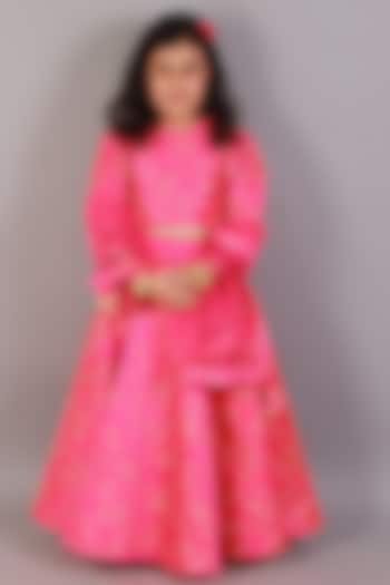 Pink Raw Silk Printed Lehenga Set For Girls by Teeni's Kidswear