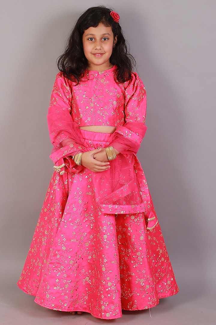 Pink Raw Silk Printed Lehenga Set For Girls by Teeni's Kidswear