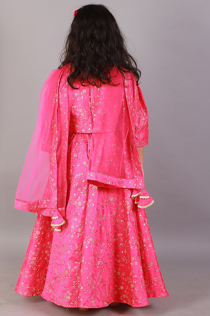 Pink Raw Silk Printed Lehenga Set For Girls by Teeni's Kidswear at Pernia's Pop Up Shop