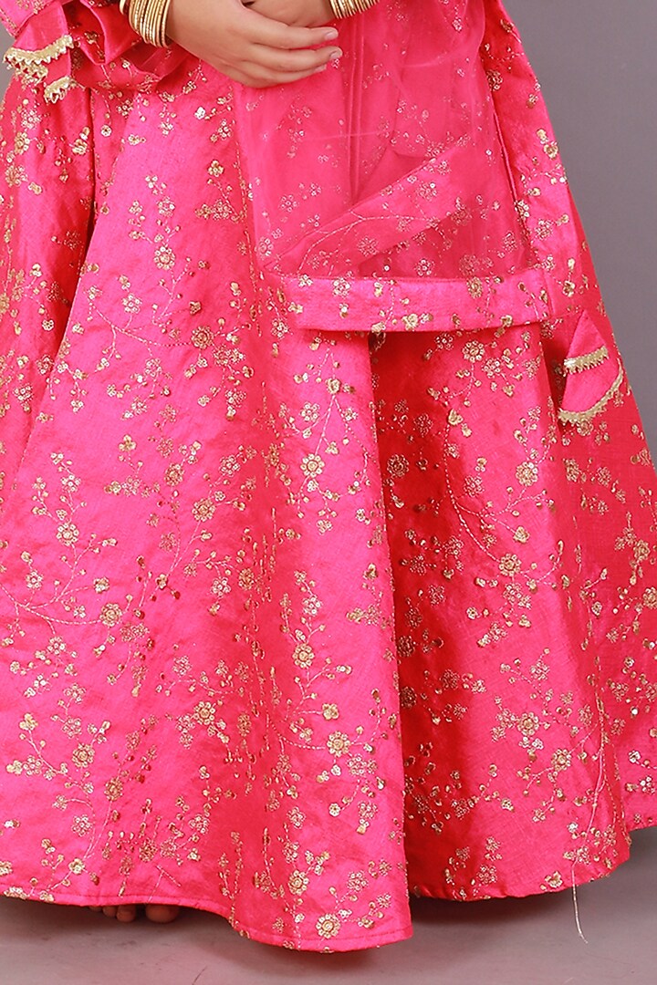 Pink Raw Silk Printed Lehenga Set For Girls by Teeni's Kidswear at Pernia's Pop Up Shop