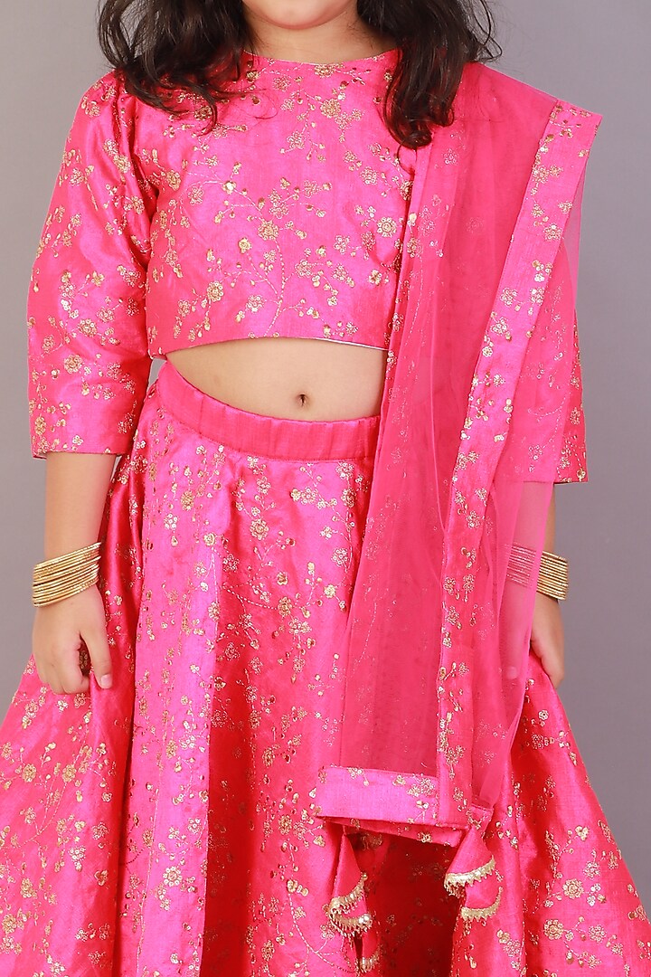 Pink Raw Silk Printed Lehenga Set For Girls by Teeni's Kidswear at Pernia's Pop Up Shop