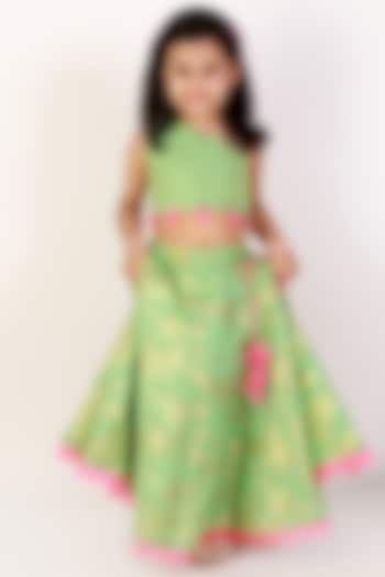 Mint Green Brocade Printed Lehenga Set For Girls by Teeni's Kidswear