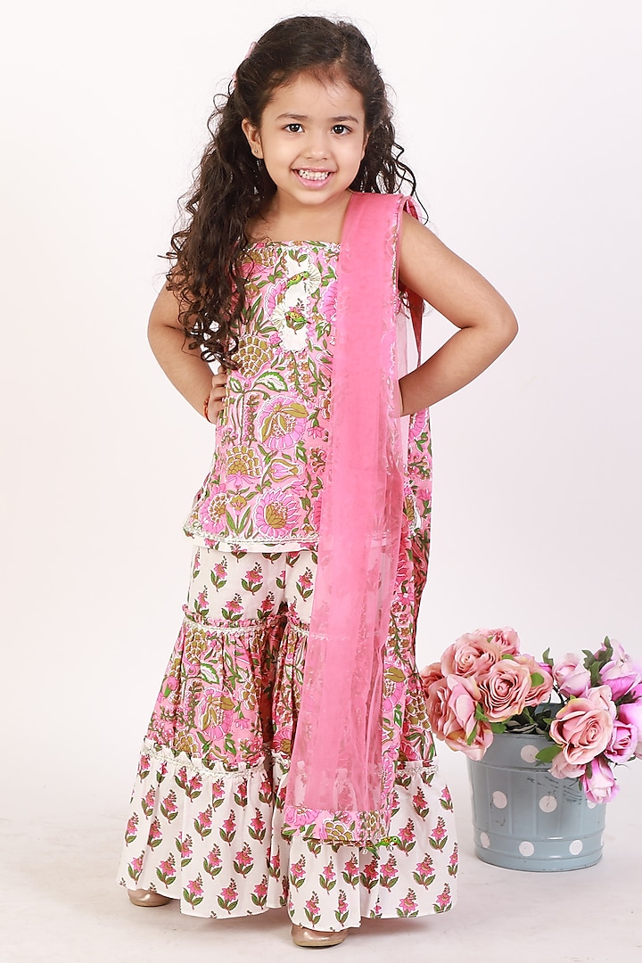 Pink Cotton Printed Sharara Set For Girls by Teeni's Kidswear