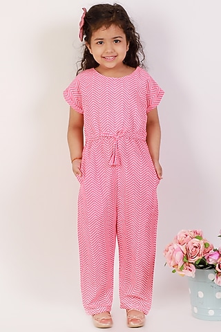 Pink Cotton Printed Jumpsuit For Girls by Teeni's Kidswear