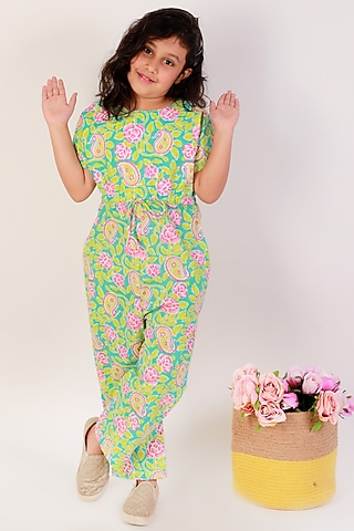 Light Firozi Cotton Printed Jumpsuit For Girls by Teeni's Kidswear