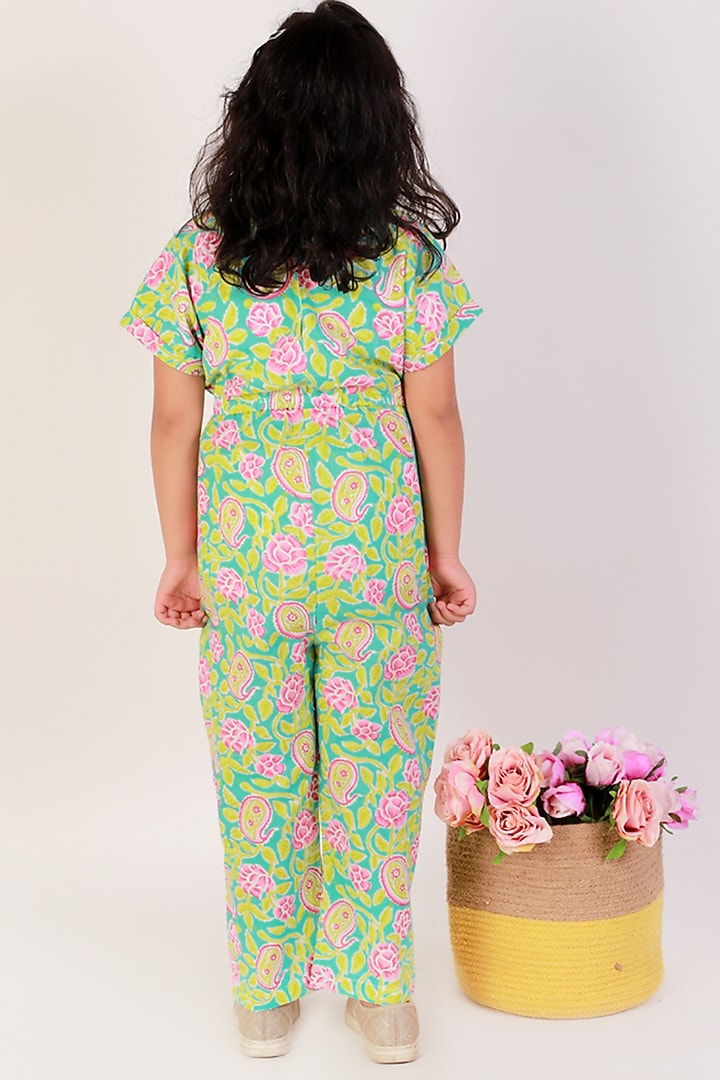Light Firozi Cotton Printed Jumpsuit For Girls by Teeni's Kidswear at Pernia's Pop Up Shop