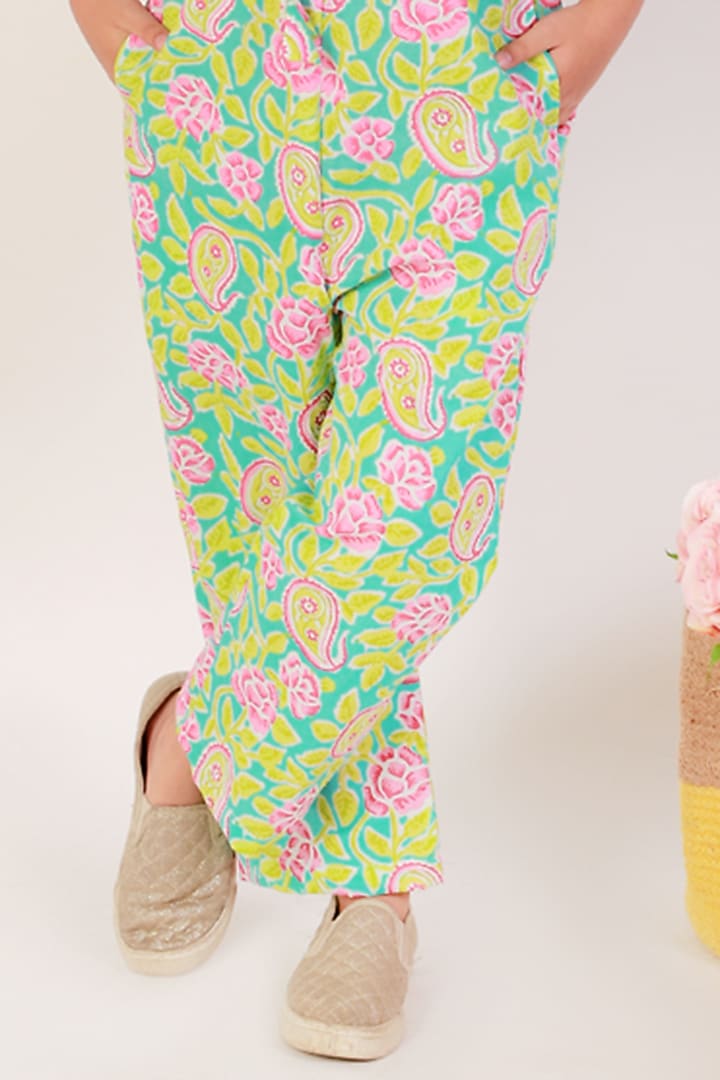 Light Firozi Cotton Printed Jumpsuit For Girls by Teeni's Kidswear at Pernia's Pop Up Shop