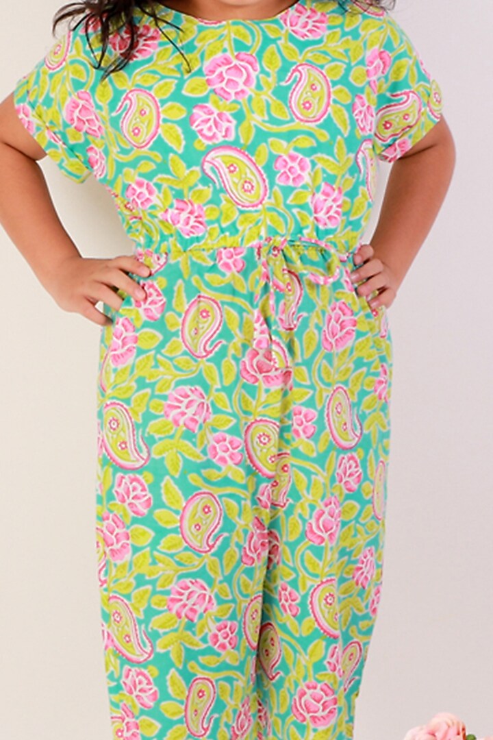 Light Firozi Cotton Printed Jumpsuit For Girls by Teeni's Kidswear at Pernia's Pop Up Shop