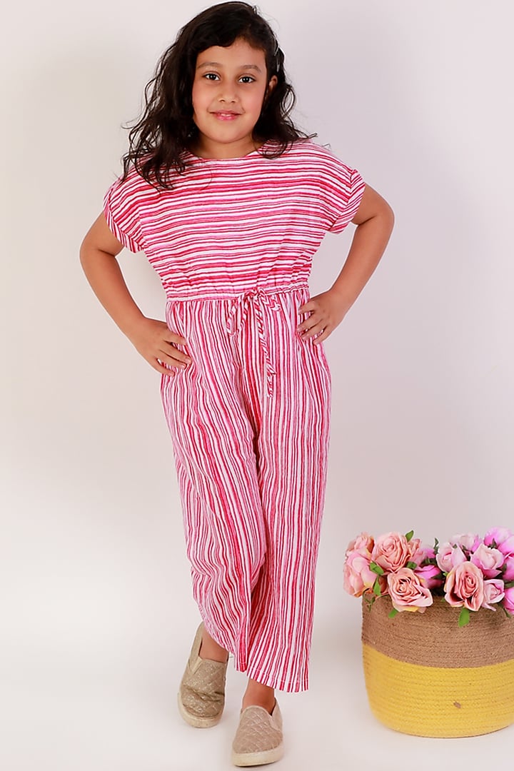 Pink Cotton Printed Jumpsuit For Girls by Teeni's Kidswear