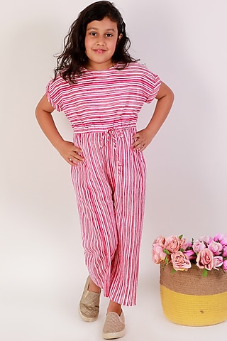 Pink Cotton Printed Jumpsuit For Girls by Teeni's Kidswear