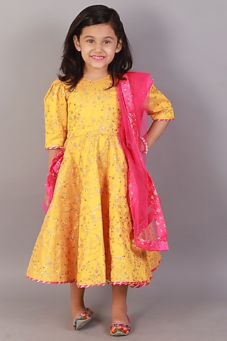 Yellow Raw Silk Printed Anarkali Set For Girls by Teeni's Kidswear