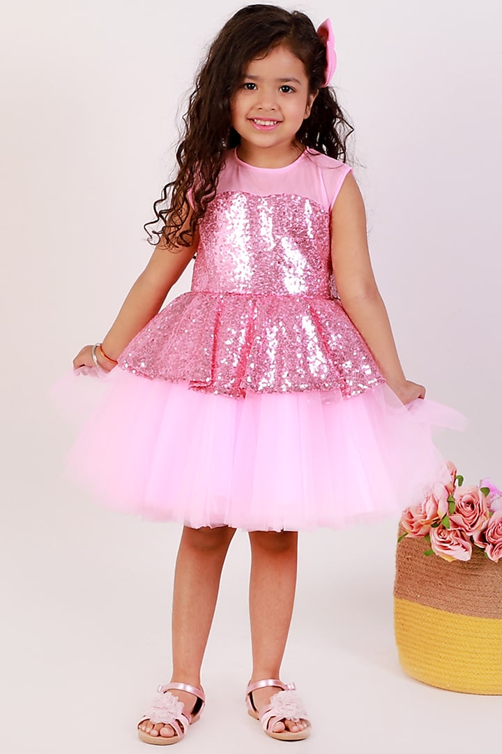 Baby Pink Cotton Mini Dress For Girls by Teeni's Kidswear