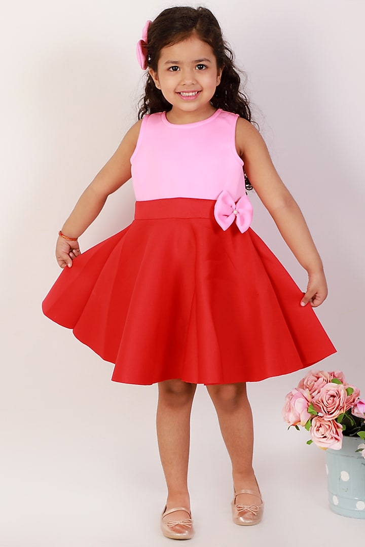 Red & Pink Neoprene Mini Dress For Girls by Teeni's Kidswear