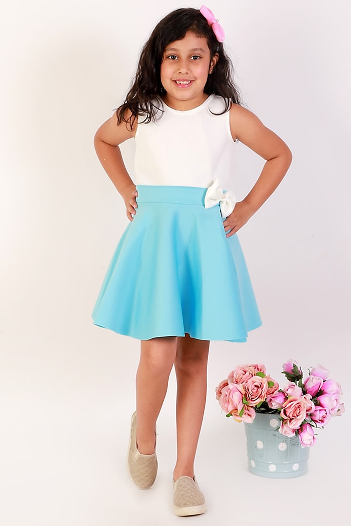 Sky Blue & White Neoprene Mini Dress For Girls by Teeni's Kidswear