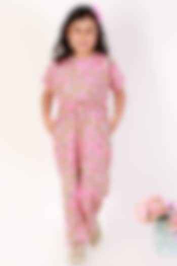 Pink & White Cotton Printed Jumpsuit For Girls by Teeni's Kidswear
