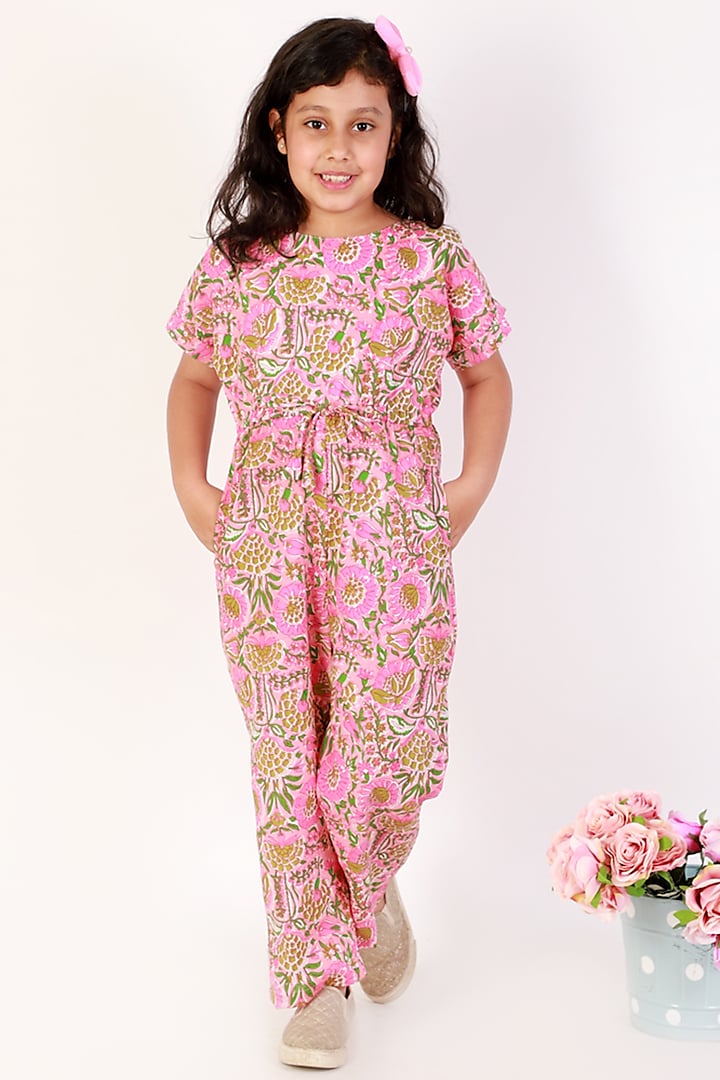 Pink & White Cotton Printed Jumpsuit For Girls by Teeni's Kidswear