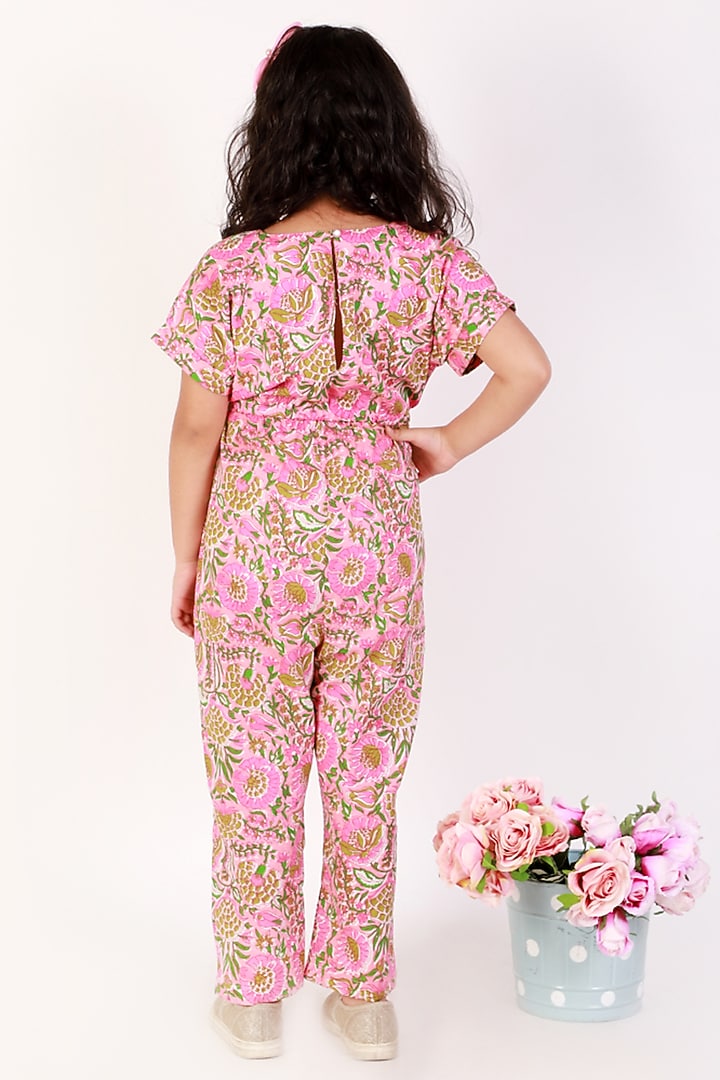 Pink & White Cotton Printed Jumpsuit For Girls by Teeni's Kidswear at Pernia's Pop Up Shop