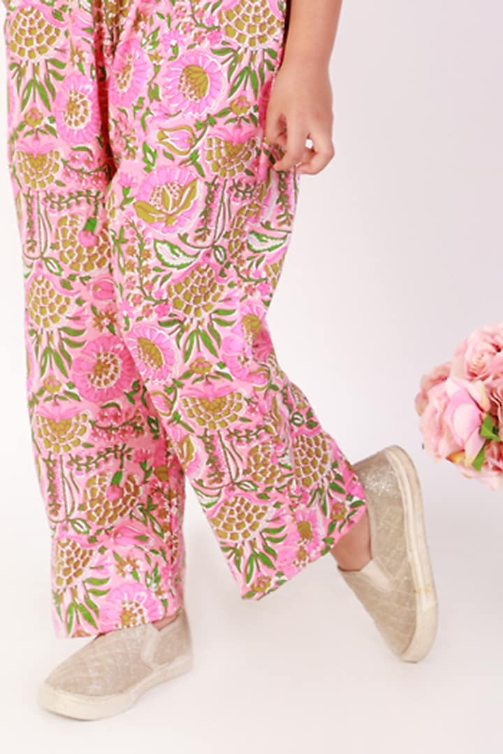 Pink & White Cotton Printed Jumpsuit For Girls by Teeni's Kidswear at Pernia's Pop Up Shop