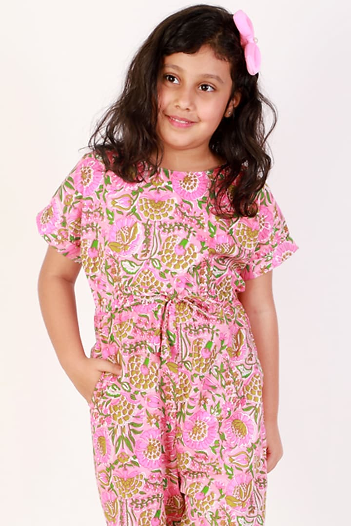 Pink & White Cotton Printed Jumpsuit For Girls by Teeni's Kidswear at Pernia's Pop Up Shop