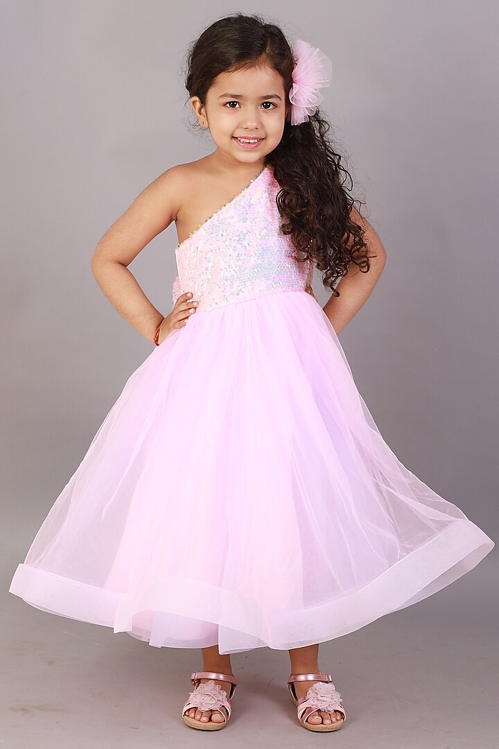 Pink One-Shoulder Gown For Girls by Teeni's Kidswear
