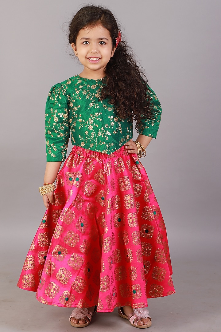 Hot Pink Brocade Lehenga Set For Girls by Teeni's Kidswear at Pernia's Pop Up Shop