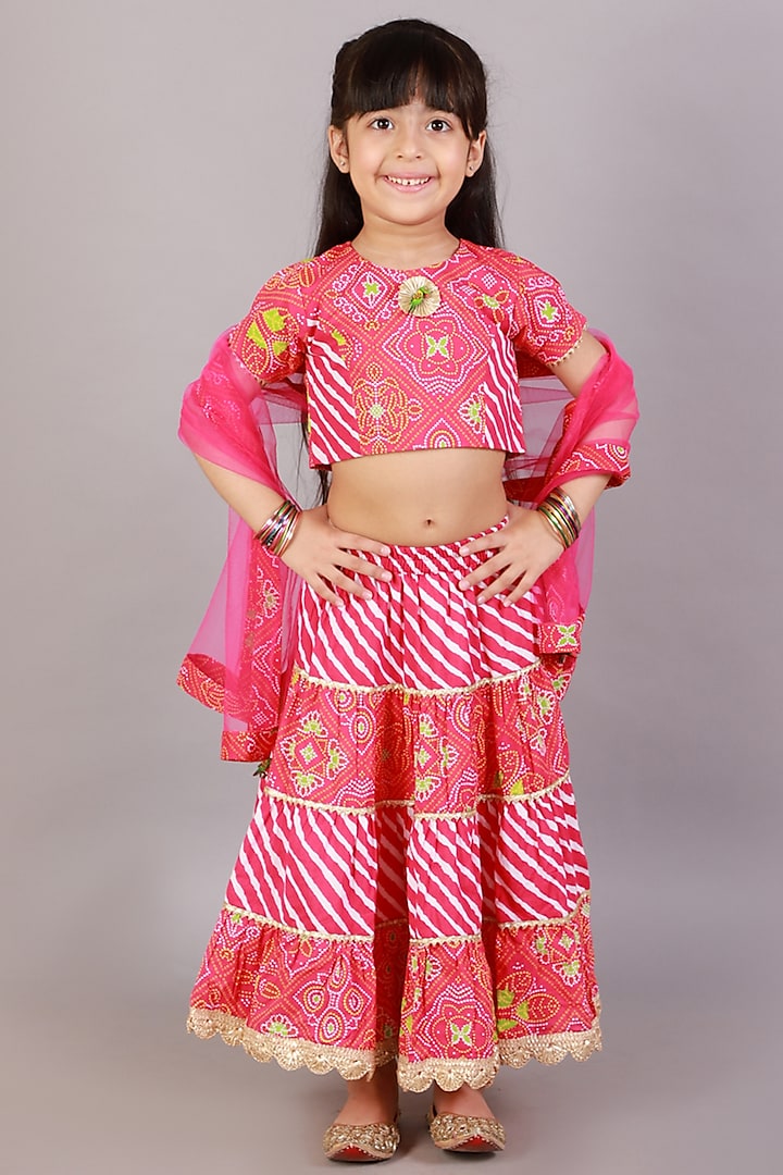 Red Cotton Printed Lehenga Set For Girls by Teeni's Kidswear