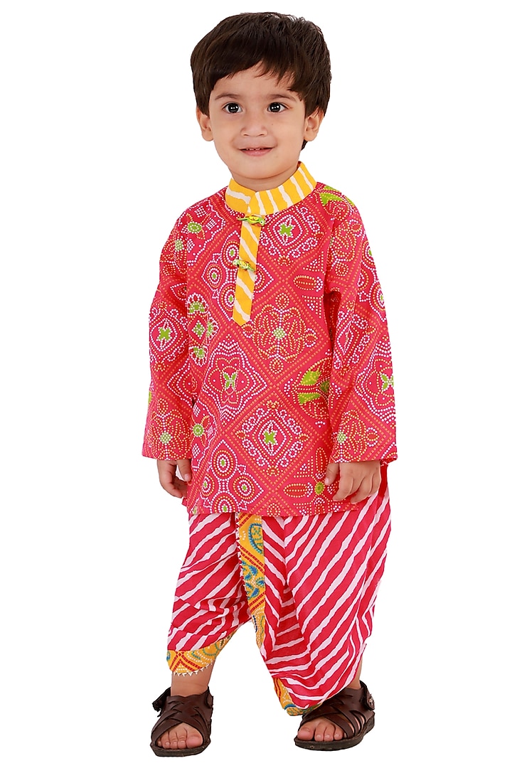Red Cotton Printed Kurta Set For Boys by Teeni's Kidswear