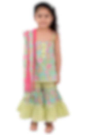 Firozi & Green Printed Sharara Set For Girls by Teeni's Kidswear
