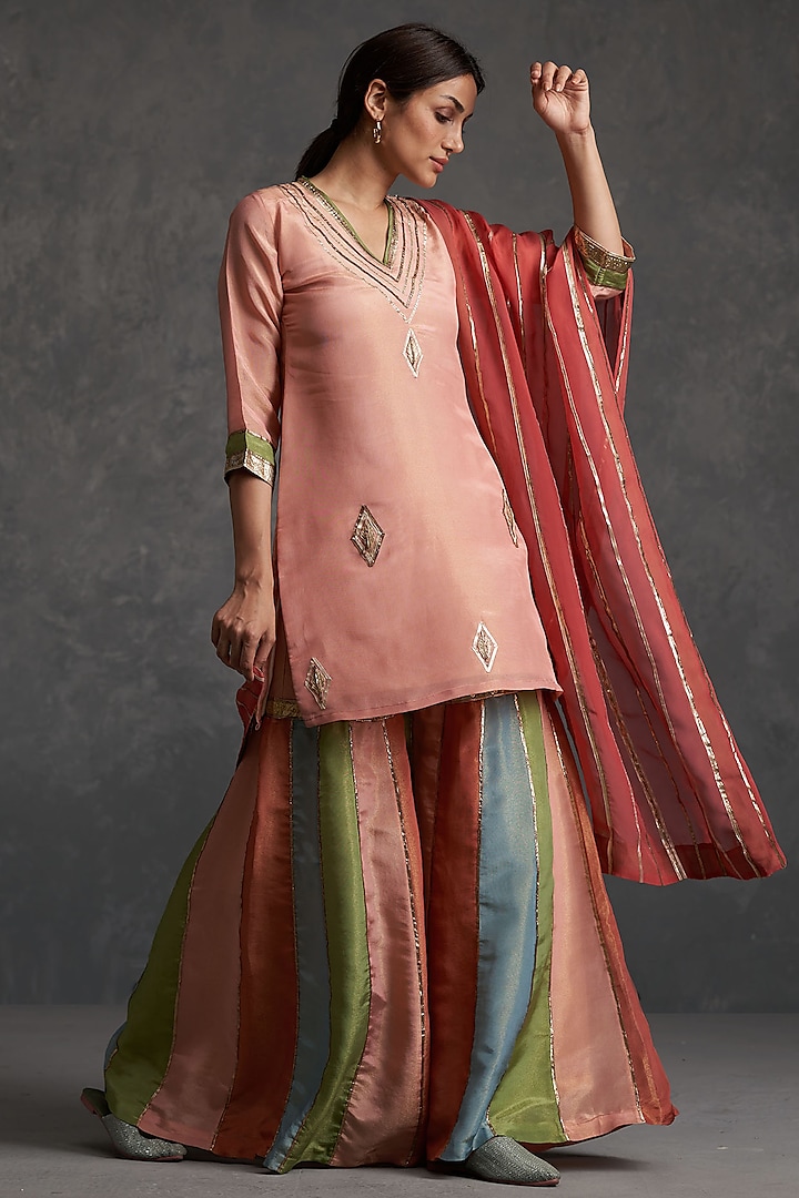 Multi-Colored Tissue Silk Sharara Set by Affroz